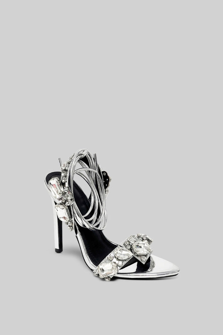 VALIRA Rhinestone Metallic Crystal Ankle-tie High Heels sandals - Silver
