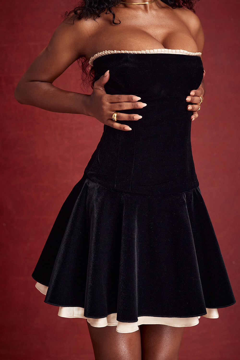 MARILLA BLACK VELVET STRAPLESS DRESS  - Black