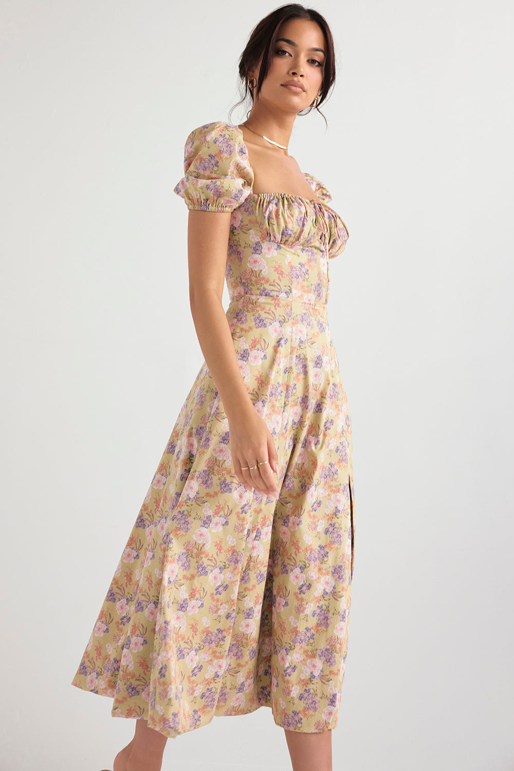 TALLULAH PEONY PRINT FLORAL PUFF SLEEVE MAXI / MIDI DRESS - Beige