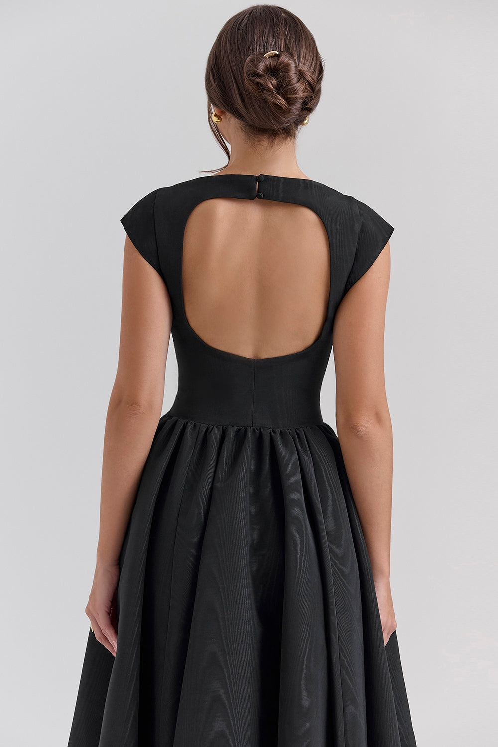 Debutante Black Moire Satin Backless Midi Dress - Black