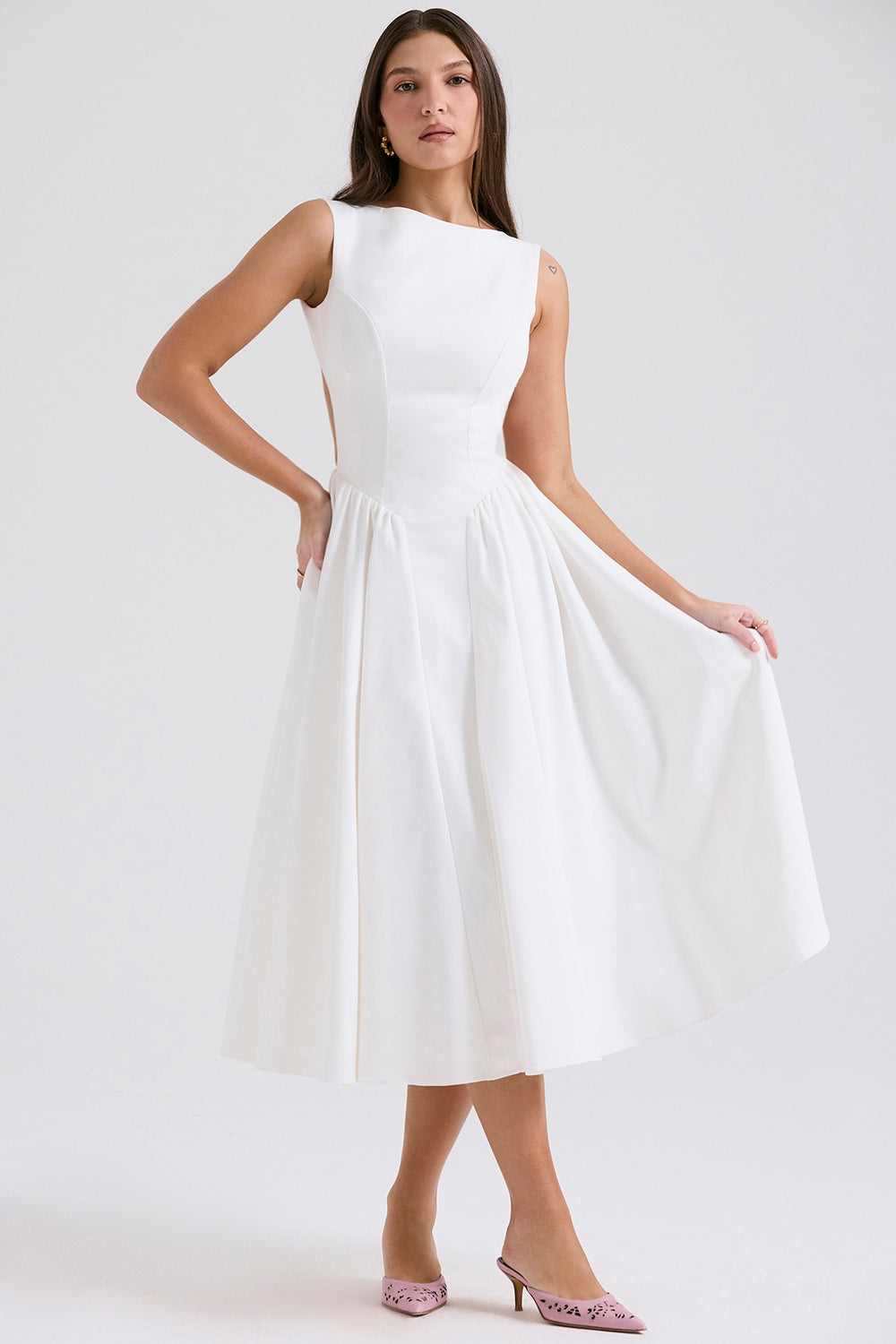 CINDY WHITE TWILL MIDI DRESS SUNDRESS - White