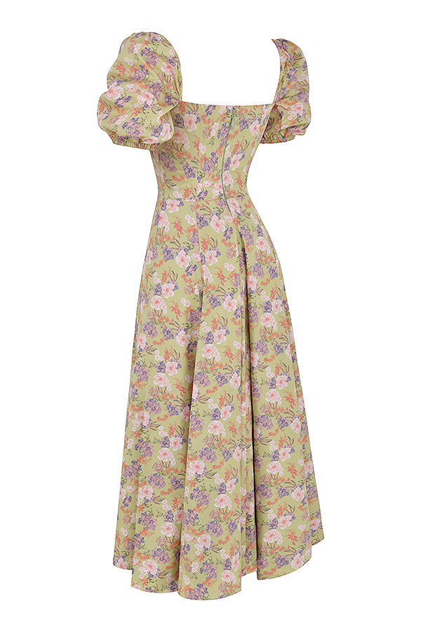 TALLULAH PEONY PRINT FLORAL PUFF SLEEVE MAXI / MIDI DRESS - Beige