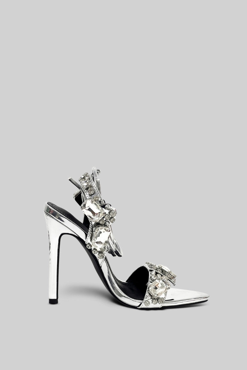 VALIRA Rhinestone Metallic Crystal Ankle-tie High Heels sandals - Silver