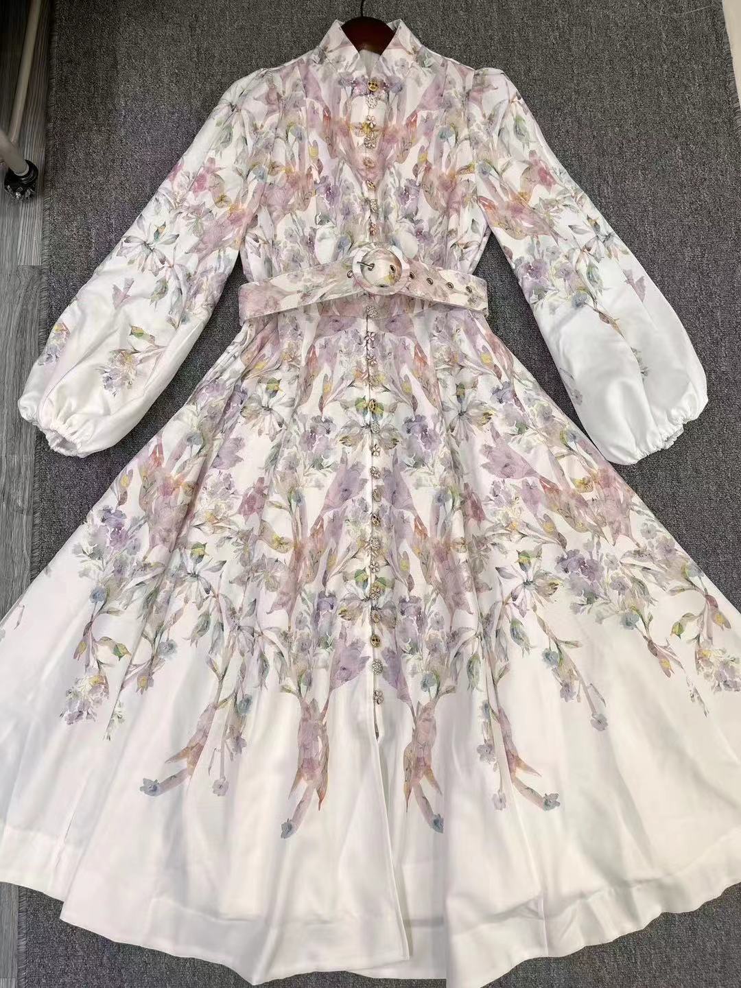 Printed balloon sleeve single-breasted dress