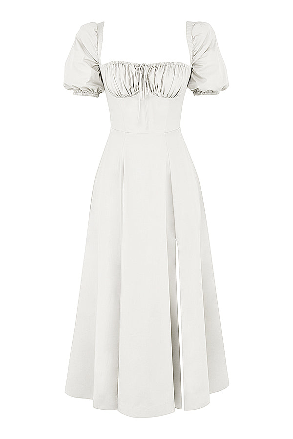 TALLULAH WHITE PUFF SLEEVE MIDI DRESS  - White