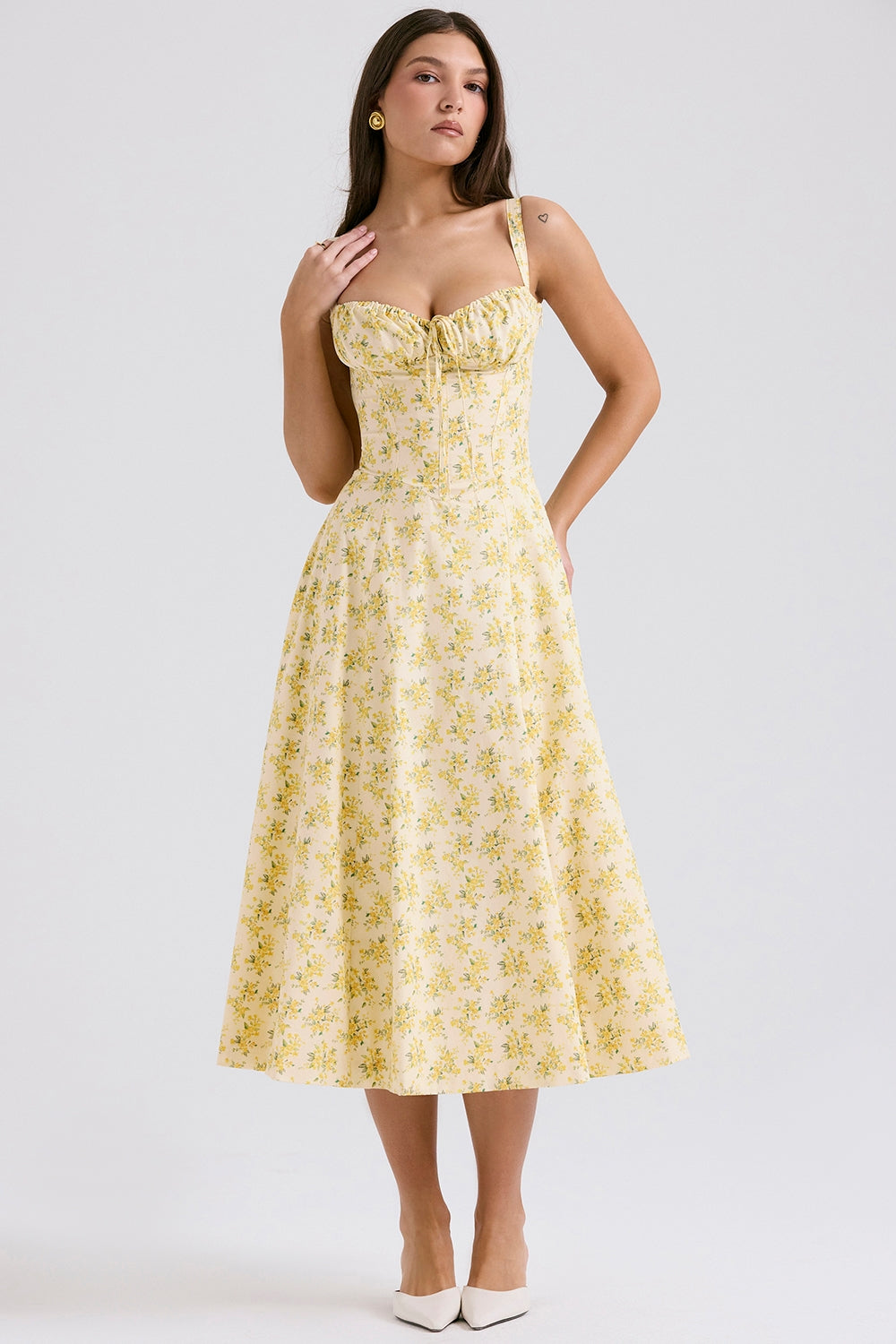 CARMEN BUTTERCUP VINTAGE FLORAL PRINT COTTON BUSTIER SUNDRESS MIDI DRESS - Yellow