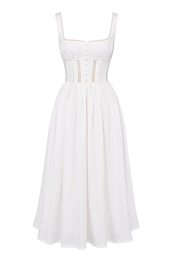 PERLE WHITE LACE TRIM MIDI DRESS - White