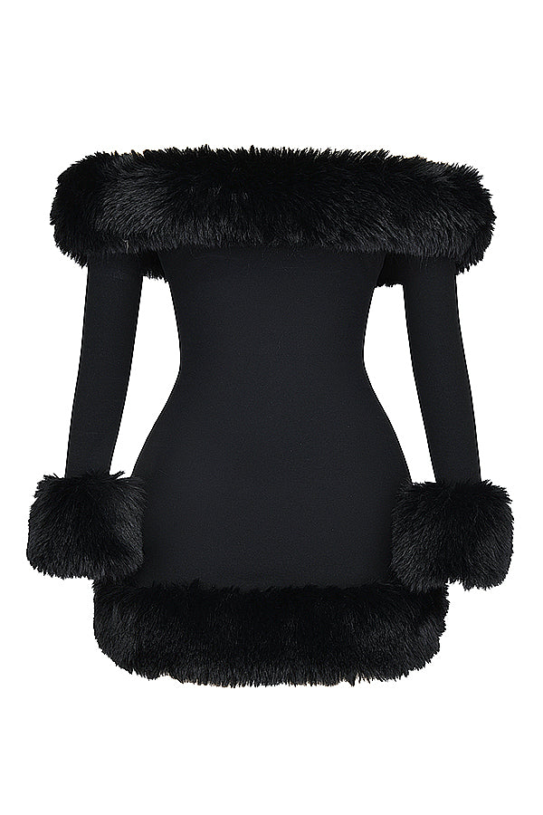 KEILANI Black Long Sleeves Faux Fur Mini Dress - Black