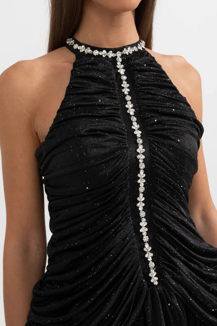 Sleeveless Halter Dress with Pearl Accents