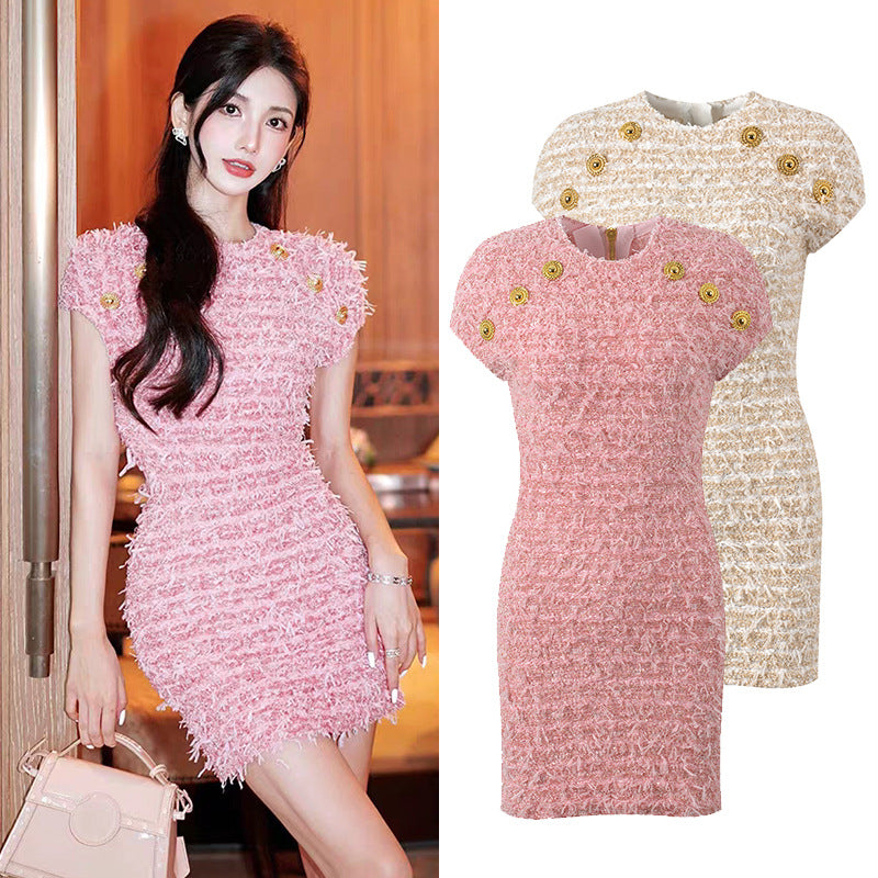 luxury metal buckle temperament slim pink dress