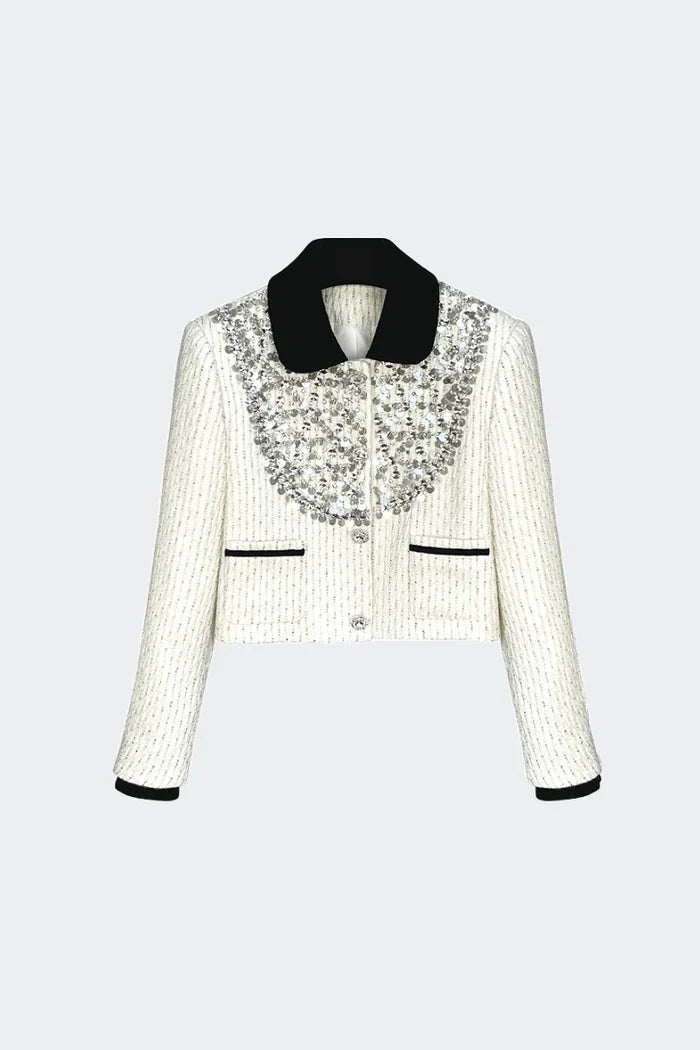 BLAZER WITH CONTRASTING COLLAR AND JEWELRY DETAILS - WHITE