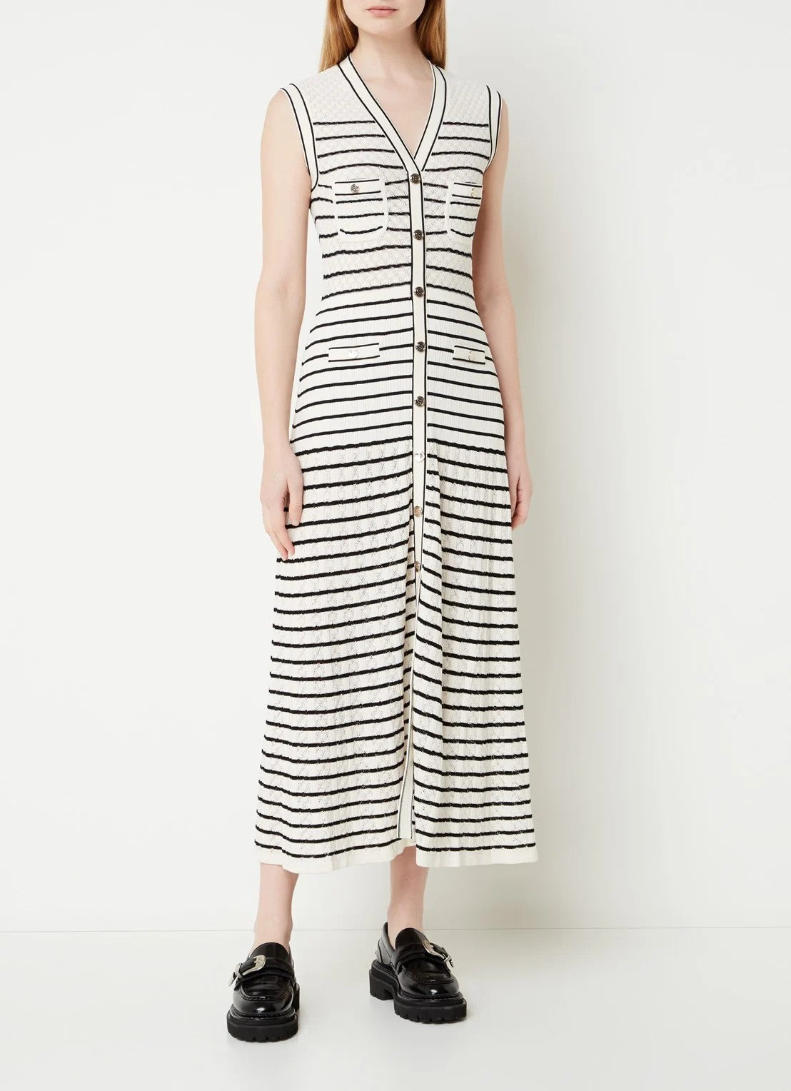 Sandro Fine knit maxi blouse dress with stripe print and patch pockets