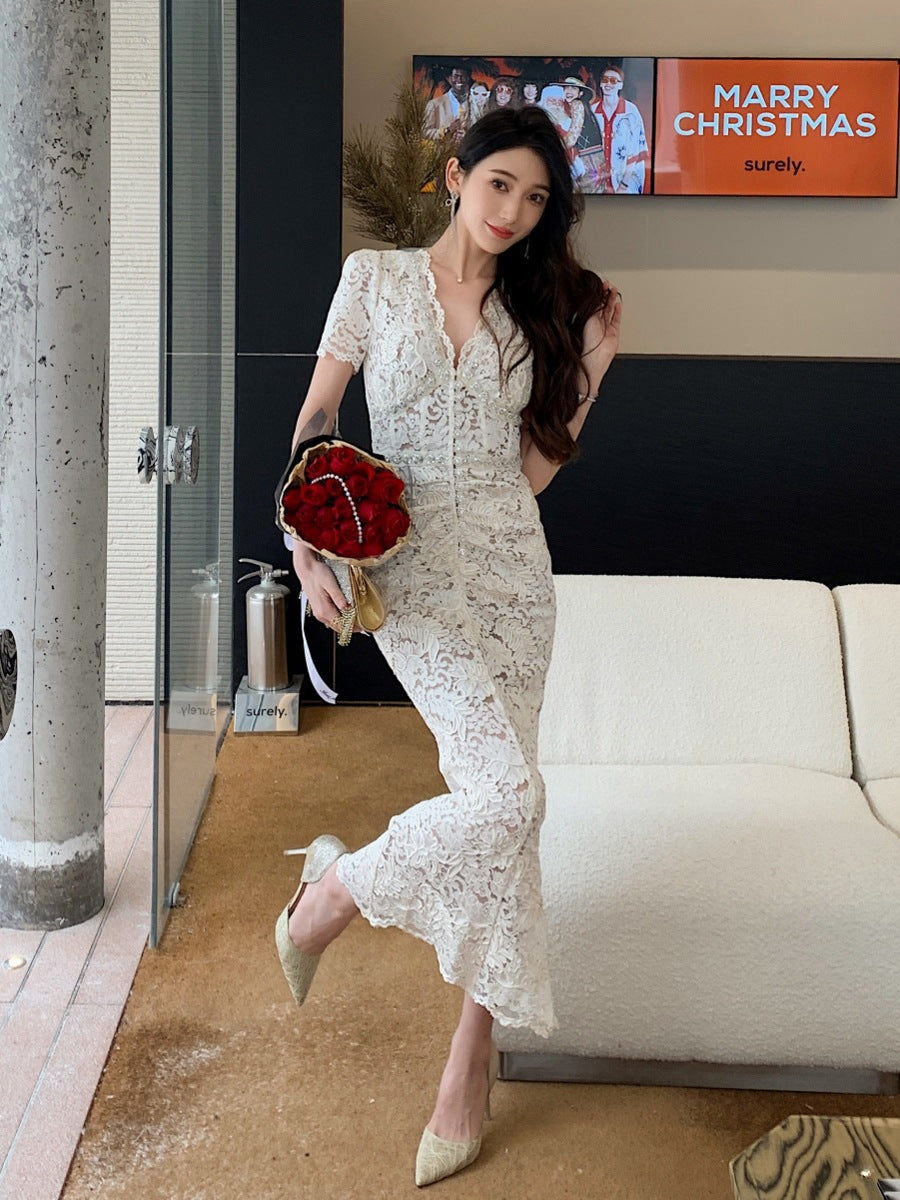 V-Neck Short Sleeve Dress Premium Lace Long Skirt