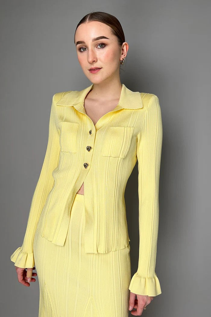 SELF-PORTRAIT RIBBED VISCOSE KNIT BLOUSE IN YELLOW