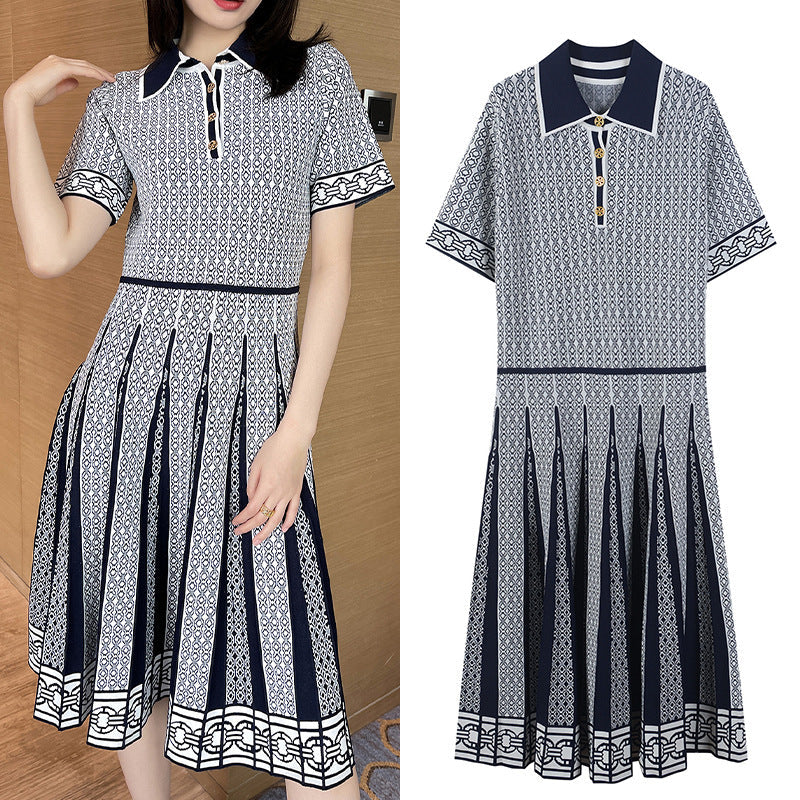 Lapel Curb Chain Jacquard Pleated Dress