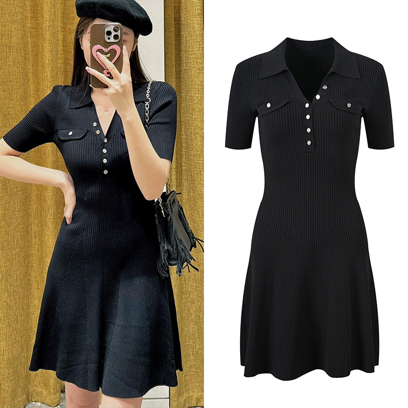 Black V-neck knit dress