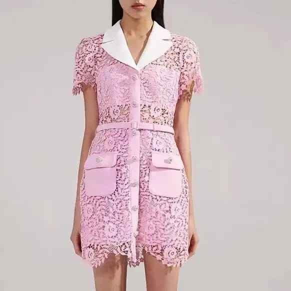 Self-Portrait Pink Rose Lace Mini Dress Collared Short Sleeve Dress for Women