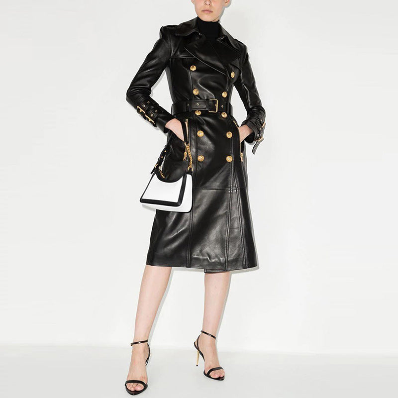 Double-breasted belt leather long trench jacket