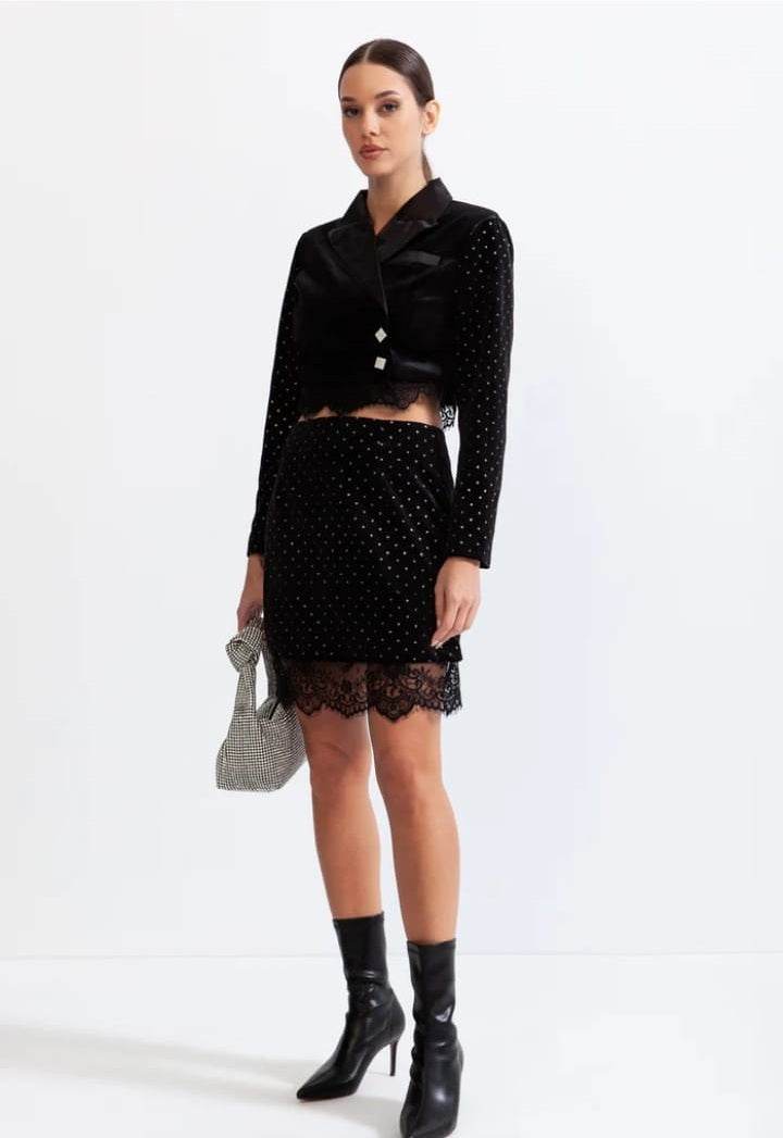 Velvet co-ord with lace - Black