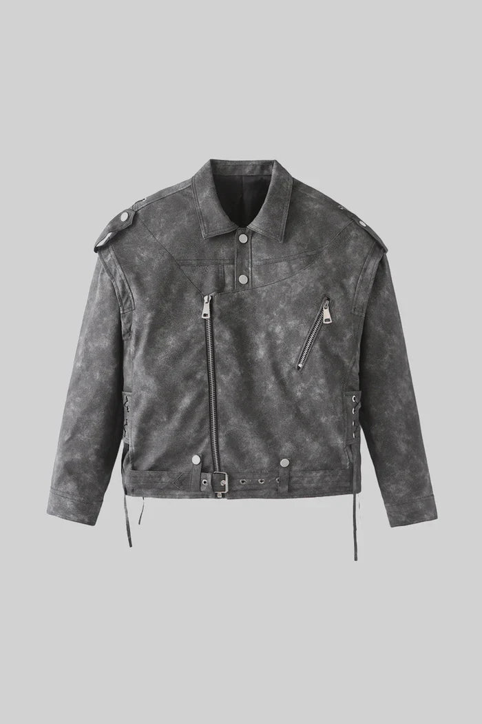 Vegan Leather Jacket With Stitched Back Details - Charcoal