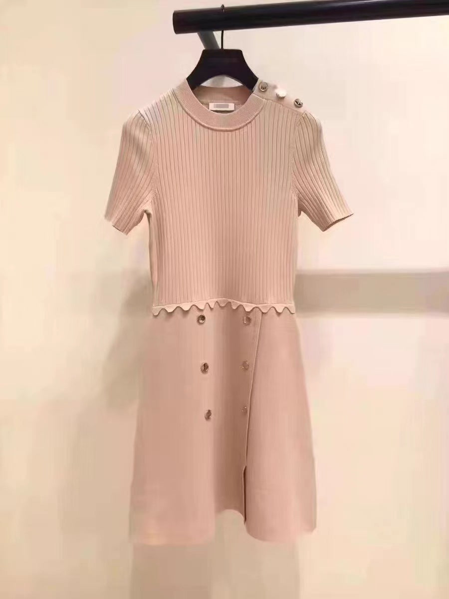 Metal Button Embellished Knitted Short Sleeve Dress