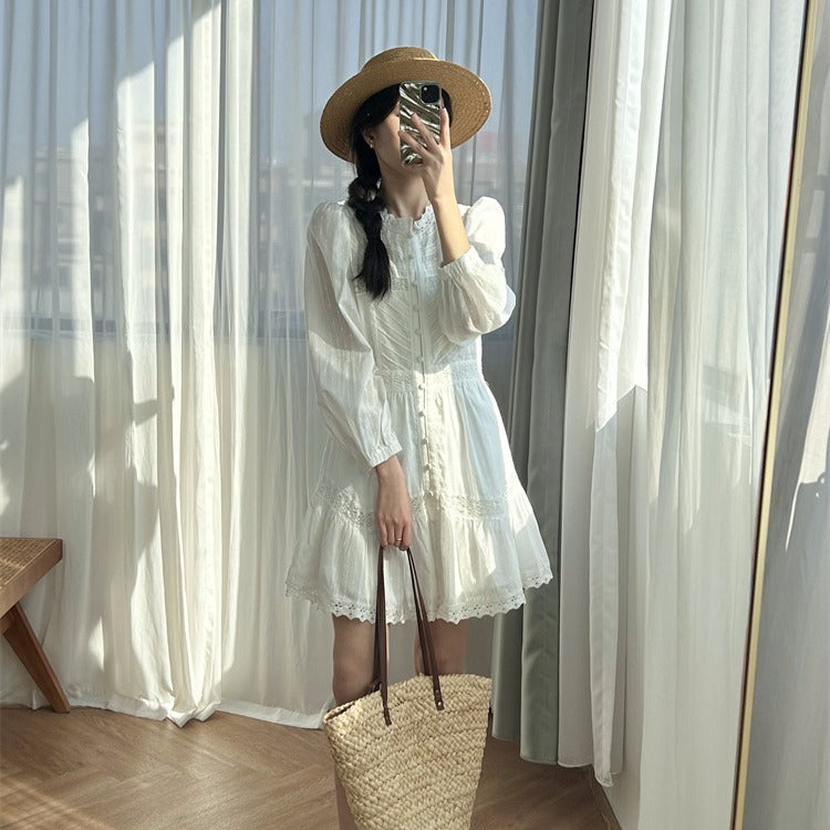 Long sleeve cotton white midi dress women