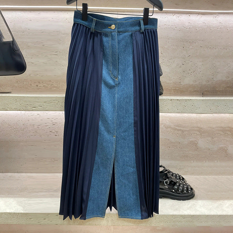 Tide Line Denim Panels Pleated  Skirt