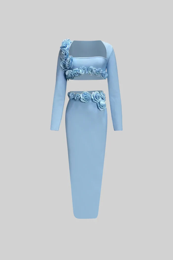 Two Piece Flower Detail Top and Maxi Skirt - Baby Blue