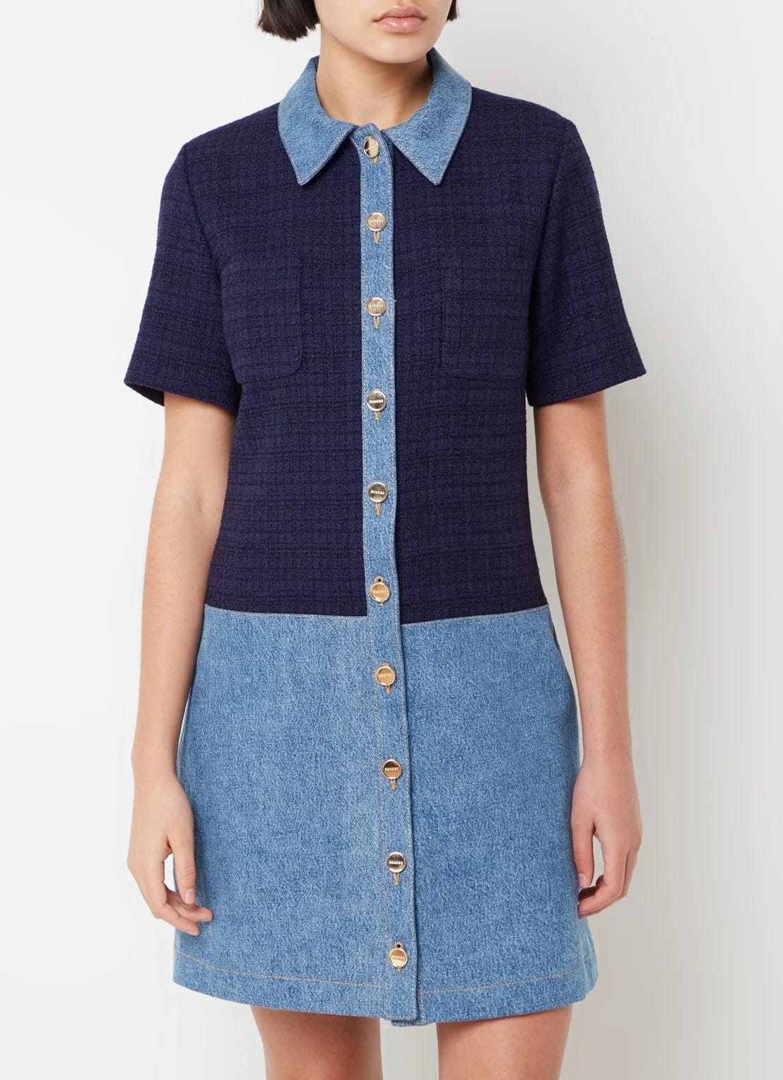 OUT OF STOCKSandro Mini tweed-look blouse dress with denim details