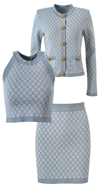 The Camille Luxe Jacquard Three-Piece Mini  Skirt Set - Gray, Brown & Blue