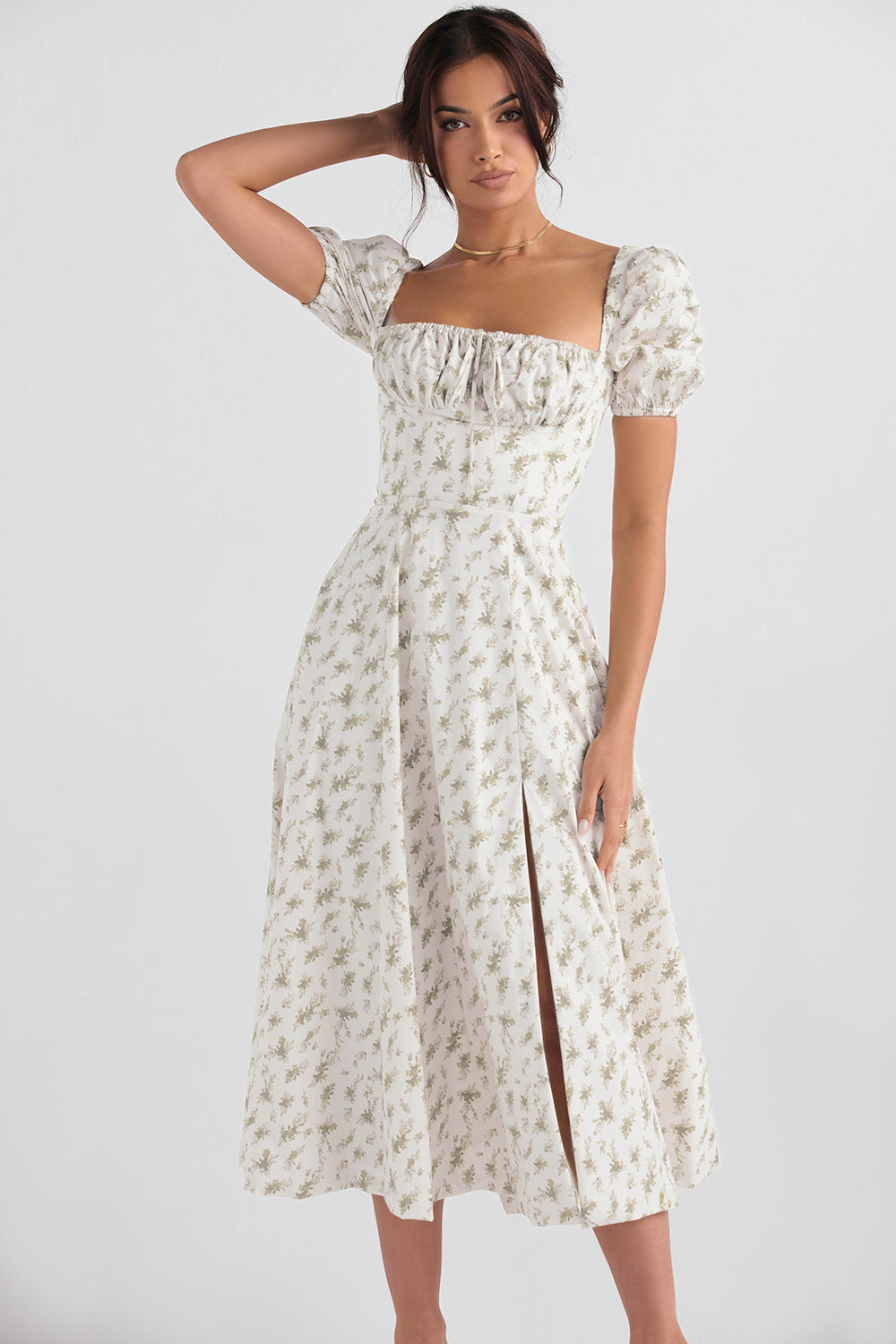 TALLULAH GARDEN PRINT PUFF SLEEVE MIDI SUNDRESS. - White