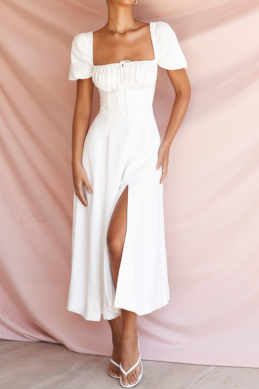 TALLULAH WHITE PUFF SLEEVE MIDI DRESS  - White