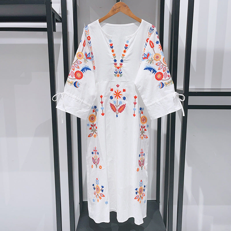 White linen dress with floral embroidery Sobachko