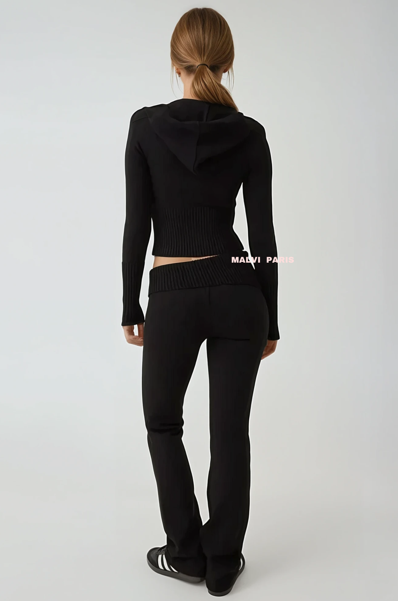 Aimee Zip Up Soft Cloud Knit Hoodie Top and pants set - Jet Black