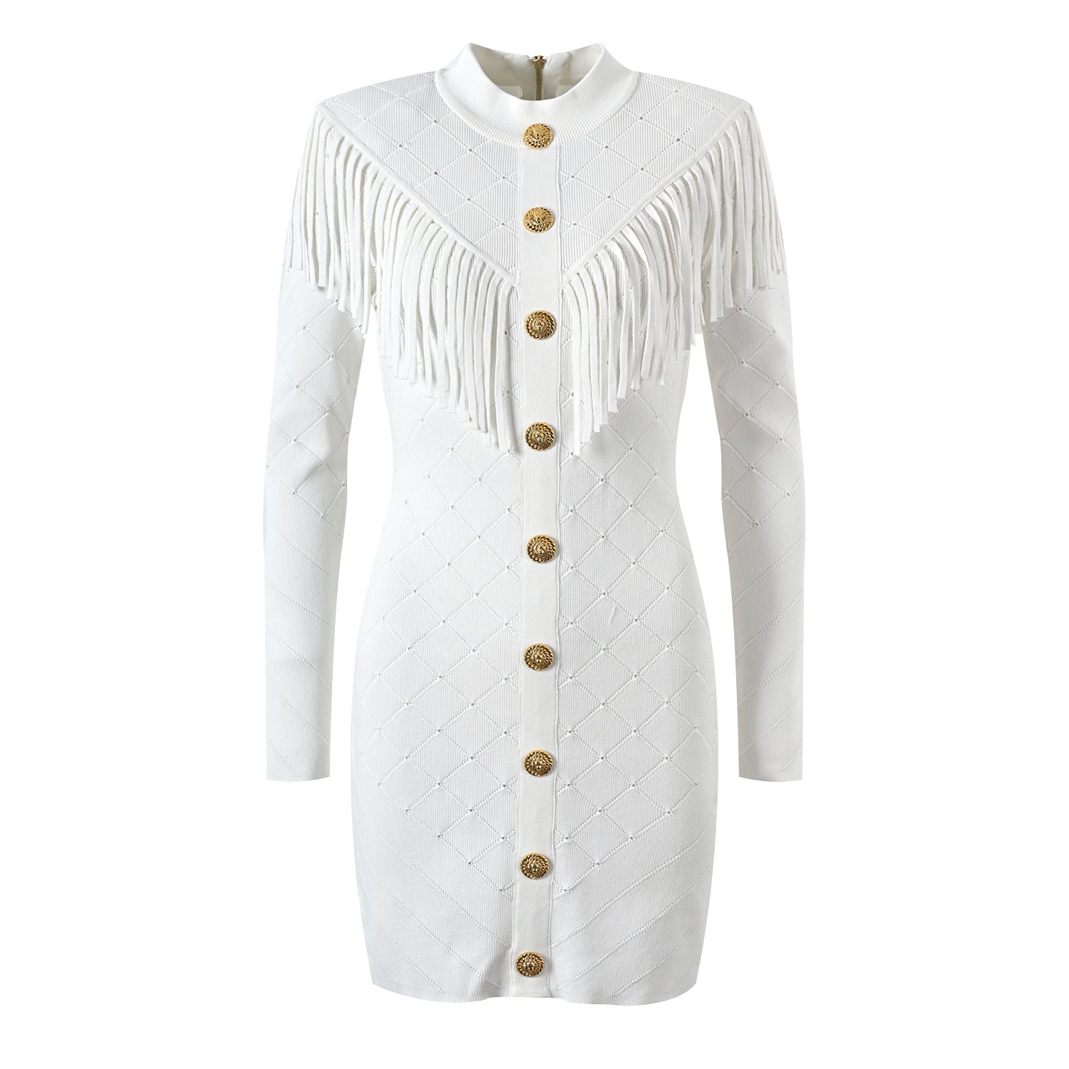 Design tassel, single-breasted metal buckle, ringuez, half-high neck, stretch slim, slim, padded, shoulder knit dress