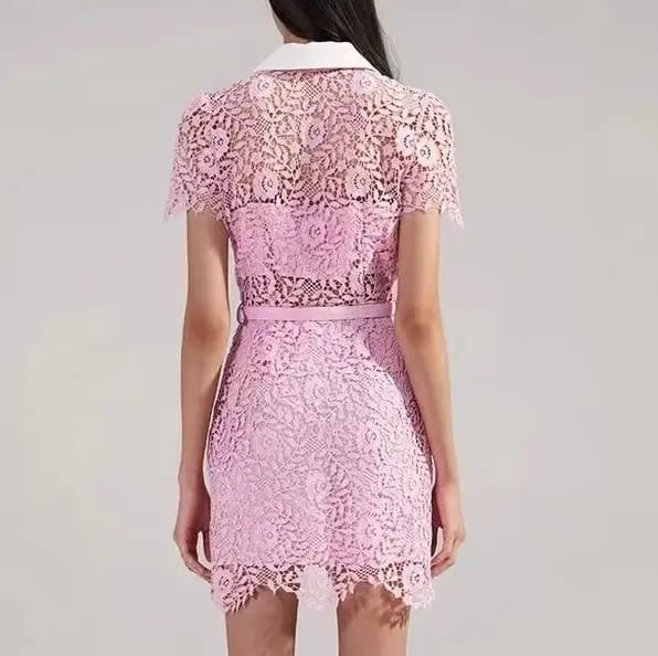 Self-Portrait Pink Rose Lace Mini Dress Collared Short Sleeve Dress for Women