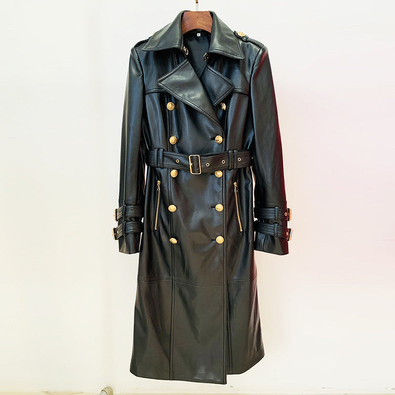 Double-breasted belt leather long trench jacket