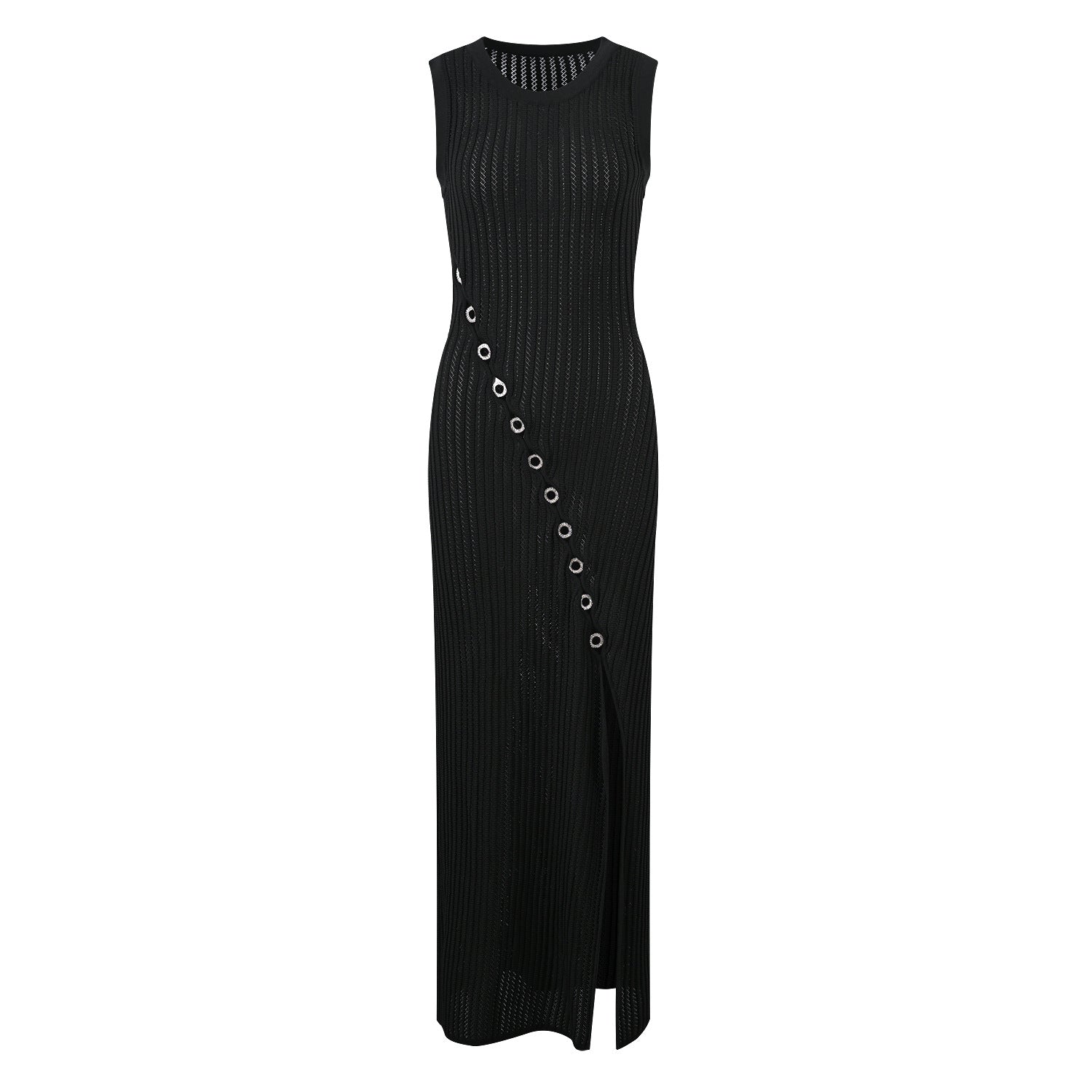 New Black High Waist Diamond Trim Split Knit Dress + Camisole Underneath