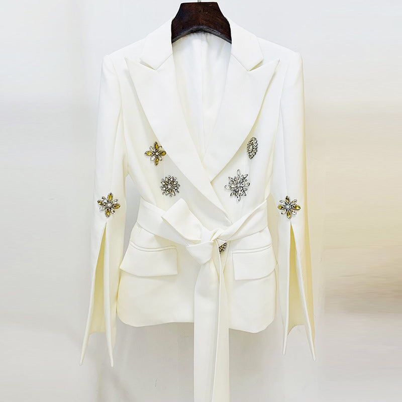 Seraphina Embellished Crepe Blazer with Crystal Accents - White