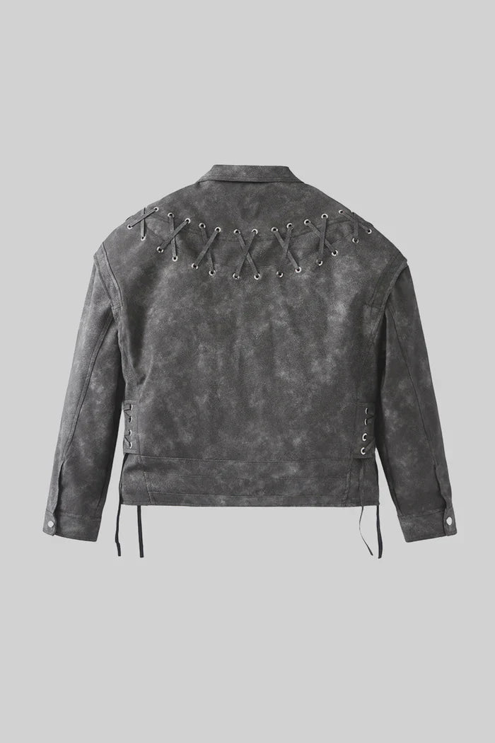 Vegan Leather Jacket With Stitched Back Details - Charcoal