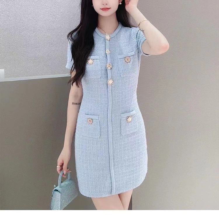 Blue Button Design Short Sleeve Waist Dress