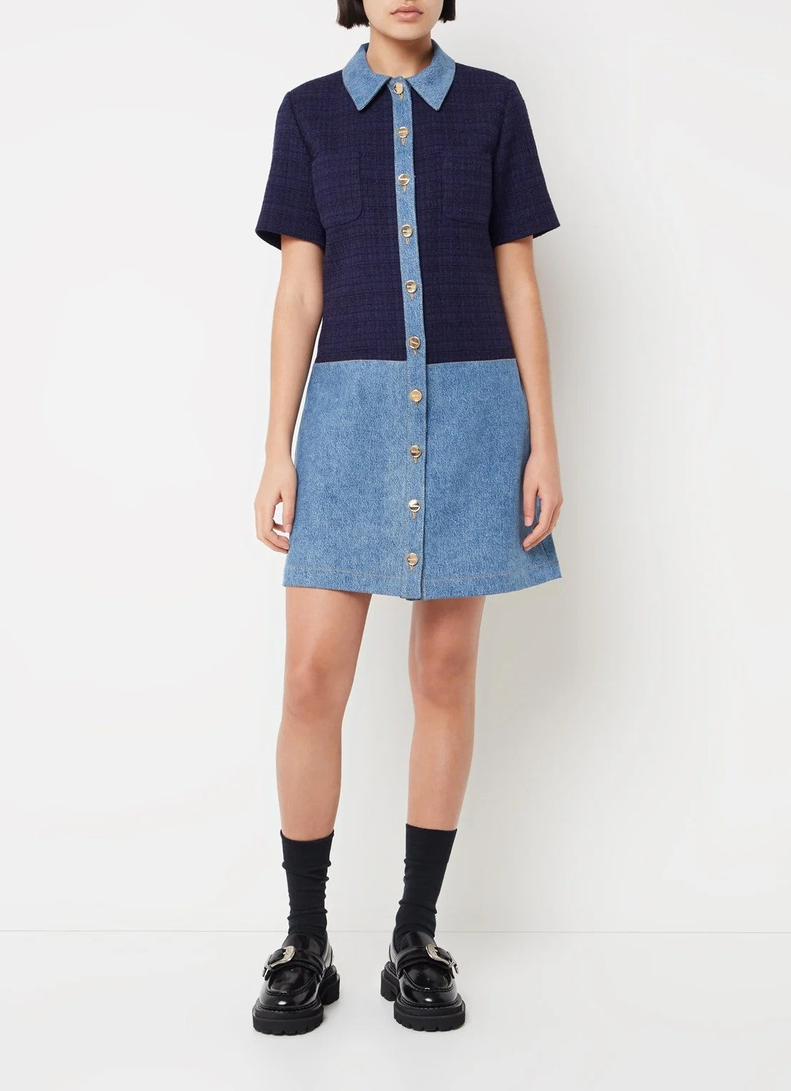 OUT OF STOCKSandro Mini tweed-look blouse dress with denim details