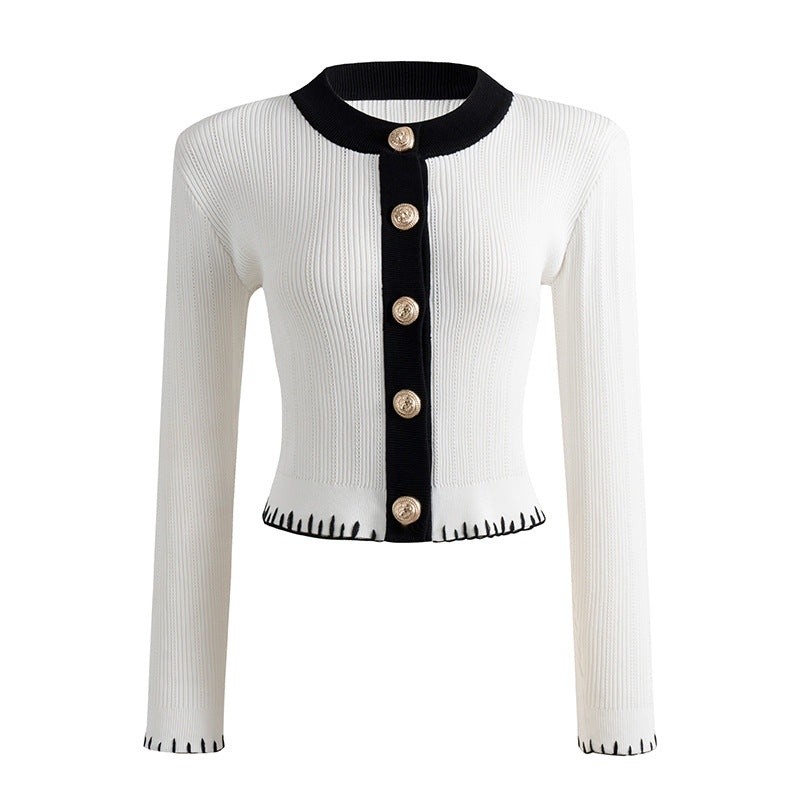 Round neck contrast hem lace slim knit cardigan jacket top