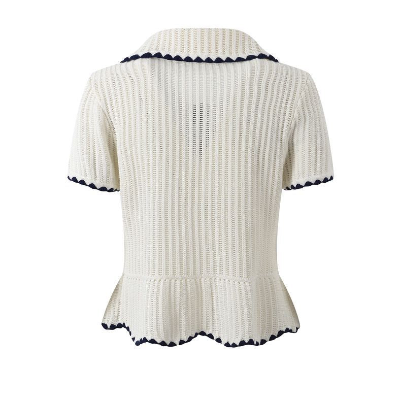 Ruffle lapel single-breasted  short-sleeved knit top