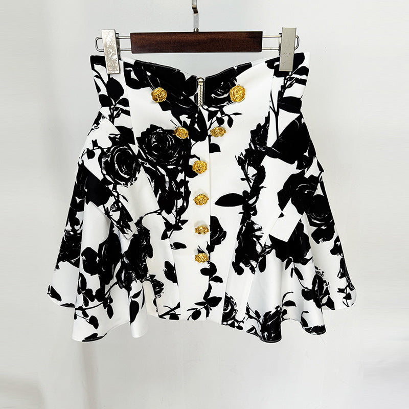 Waistline rose metal buckle print skirt