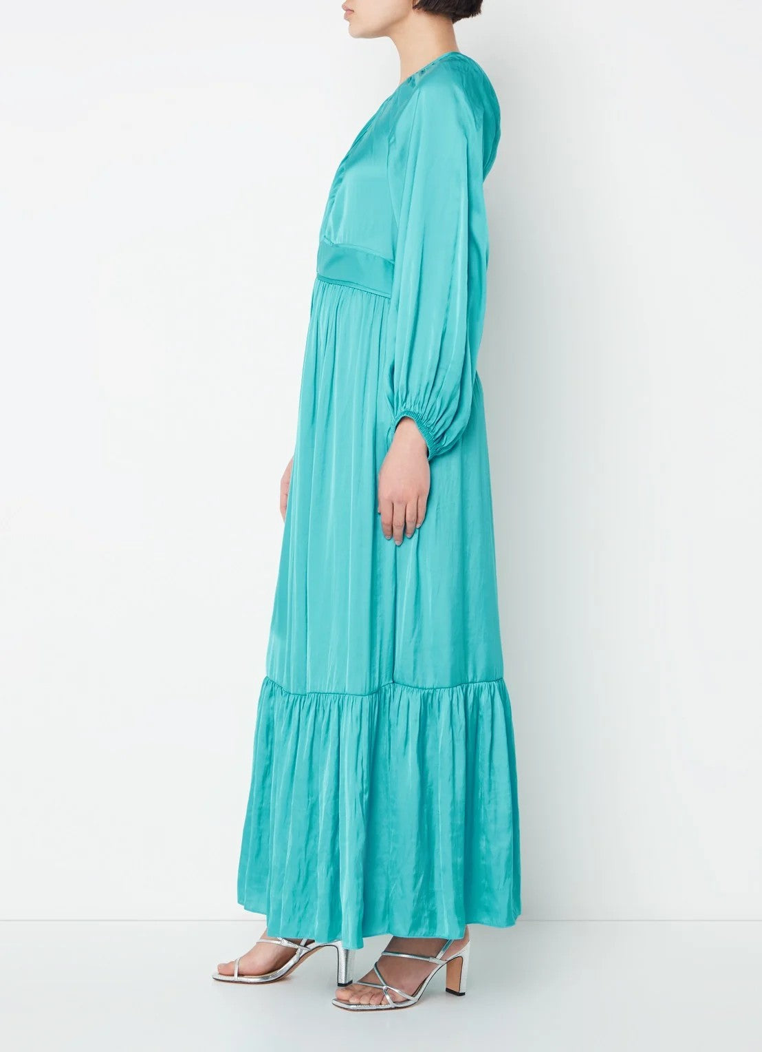 OUT OF STOCK V-neck satin maxi dress with flounce