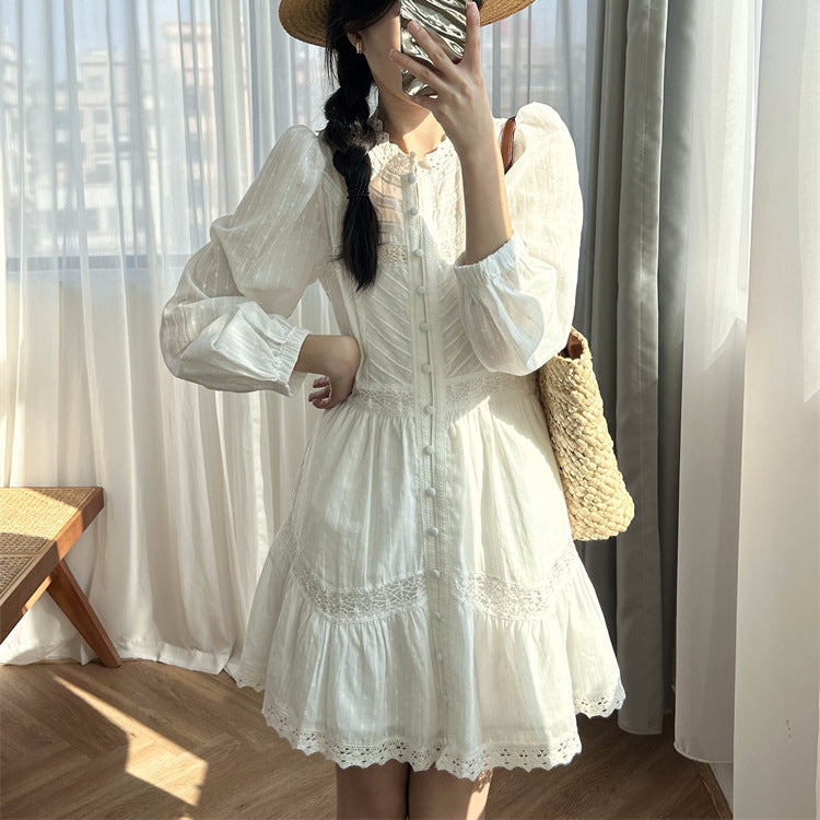 Long sleeve cotton white midi dress women