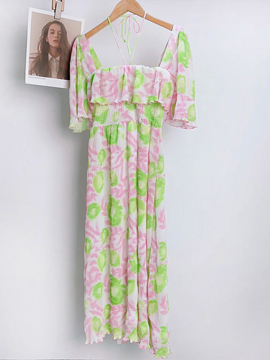 Printed Pressed Pleated Chiffon Dress