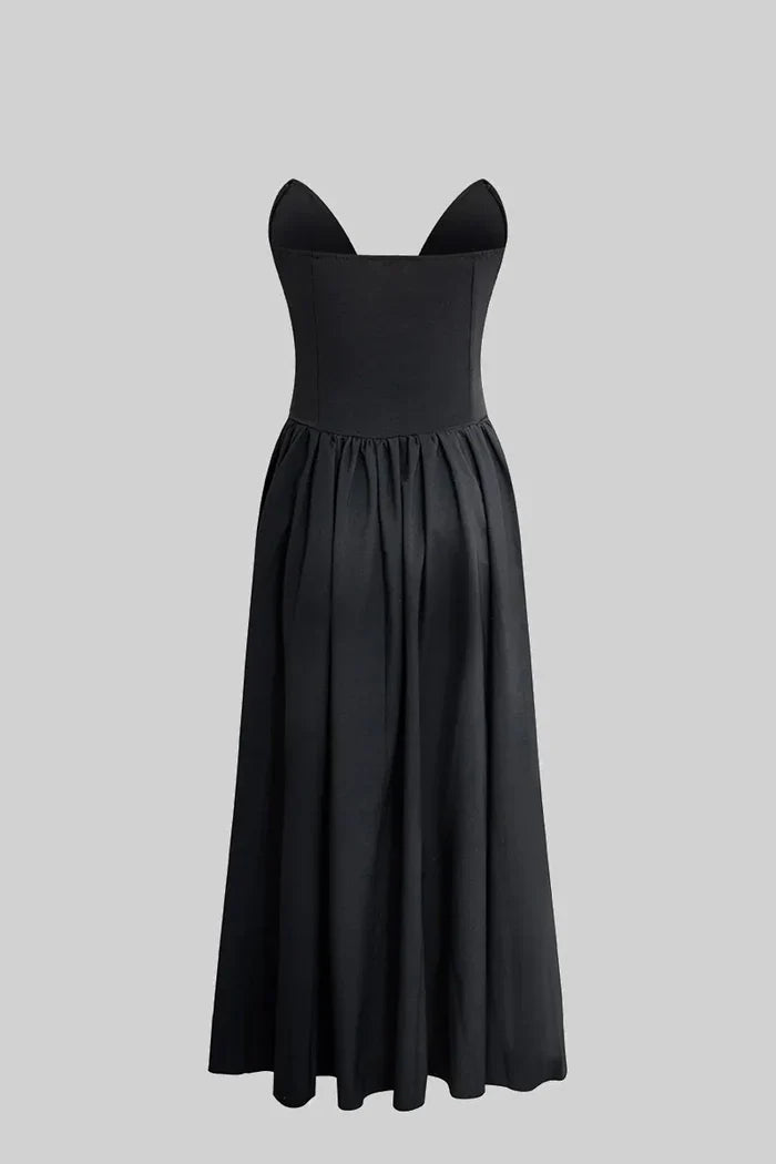 Sophisticated Strapless Midi Dress with Fitted Bodice - Black