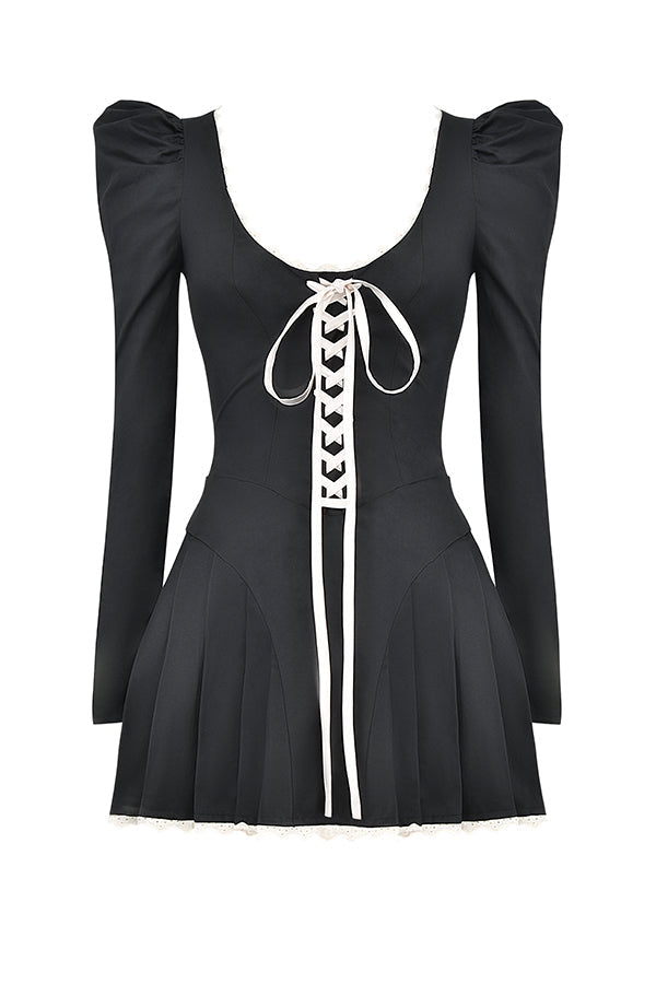 LARISA BLACK & CREAM PLEATED MINI DRESS - Back